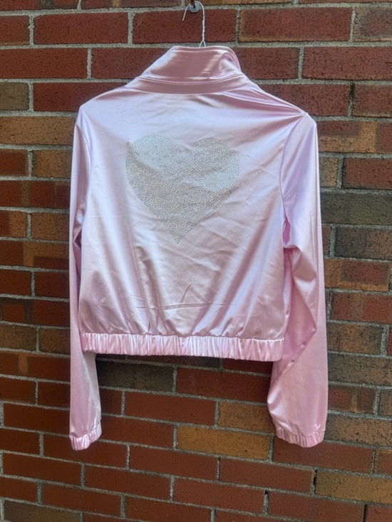 Jackets & Blazers - Y2K Pink Satin Open Front Jacket Rhinestone Heart Cropped Glam Barbiecore